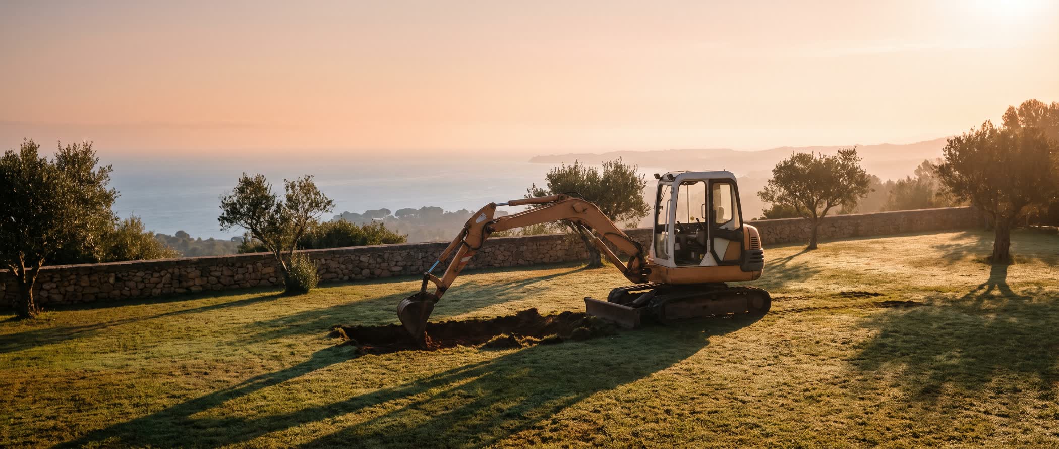 Mini digger excavating a pool at sunrise